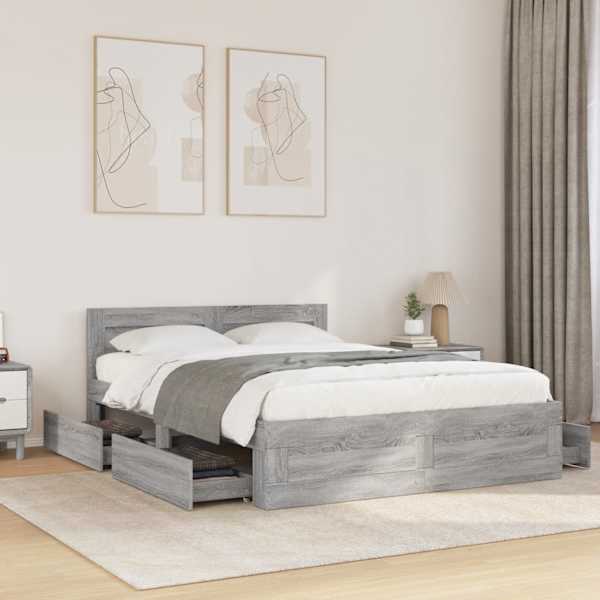 Sahtlitega voodiraam peatsiga, hall sonoma tamm, 140 × 200 cm, tehispuit — mudel 3295567