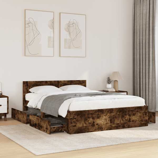 Sahtlitega voodiraam peatsiga, suitsutatud tamm, 120 × 200 cm, tehispuit — mudel 3295573