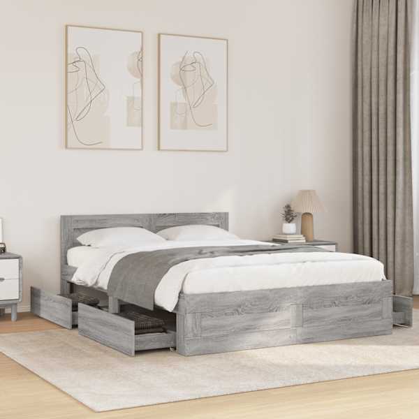 Sahtlitega voodiraam peatsiga, hall sonoma tamm, 120 × 200 cm, tehispuit — mudel 3295574