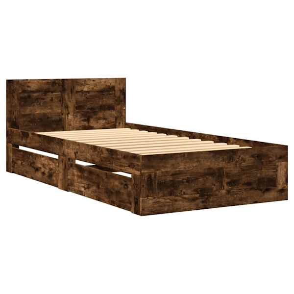 Sahtlitega voodiraam peatsiga, suitsutatud tamm, 90 × 200 cm, tehispuit — mudel 3295587