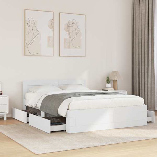 Sahtlitega voodiraam peatsiga, valge, 120 × 190 cm, tehispuit — mudel 3295604