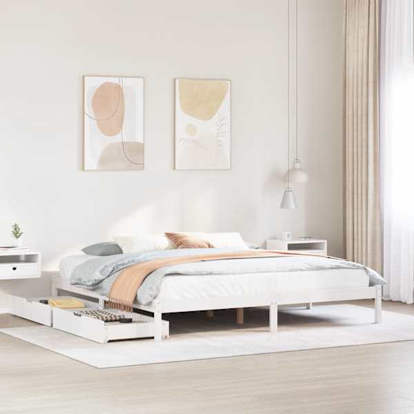 Sahtlitega voodiraam, valge, 200 × 200 cm, männipuit — mudel 3301445