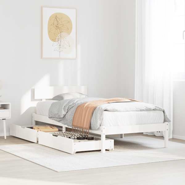 Sahtlitega voodiraam, valge, 100 × 200 cm, männipuit — mudel 3301511