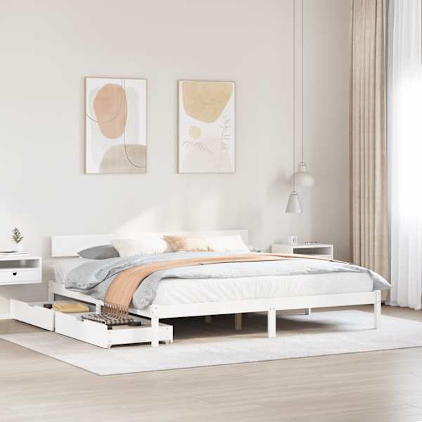 Sahtlitega voodiraam, valge, 180 × 200 cm, männipuit — mudel 3301521