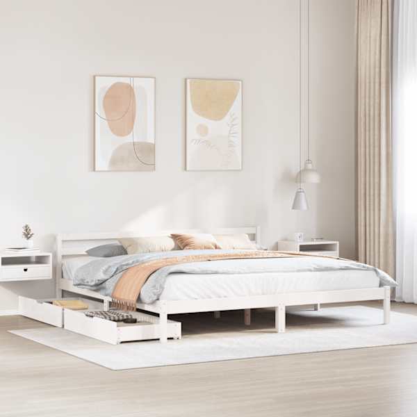 Sahtlitega voodiraam, valge, 200 × 200 cm, männipuit