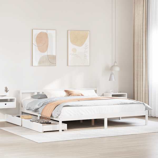Sahtlitega voodiraam, valge, 200 × 200 cm, männipuit