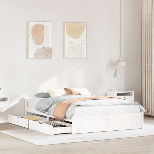 Sahtlitega voodiraam, valge, 140 × 200 cm, männipuit — mudel 3301689
