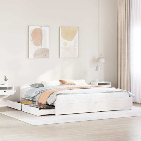 Sahtlitega voodiraam, valge, 180 × 200 cm, männipuit — mudel 3301695