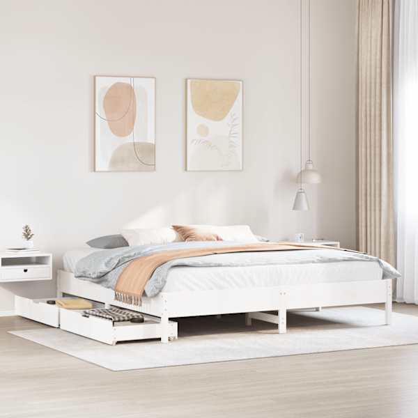 Sahtlitega voodiraam, valge, 180 × 200 cm, männipuit — mudel 3301702