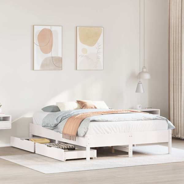Sahtlitega voodiraam, valge, 160 × 200 cm, männipuit — mudel 3301705
