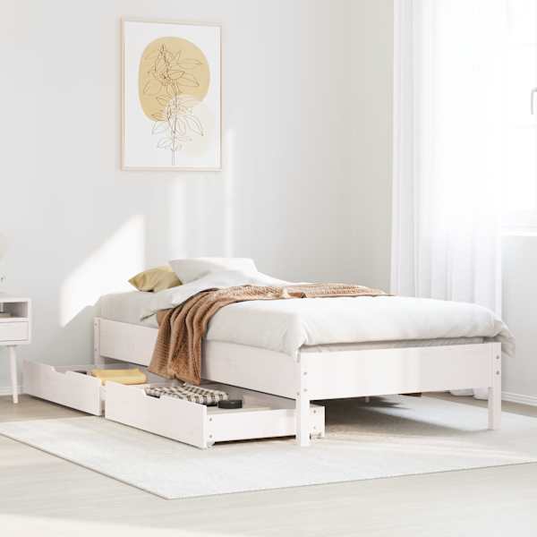 Sahtlitega voodiraam, valge, 100 × 200 cm, männipuit — mudel 3301717