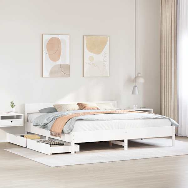 Sahtlitega voodiraam, valge, 200 × 200 cm, männipuit — mudel 3301738