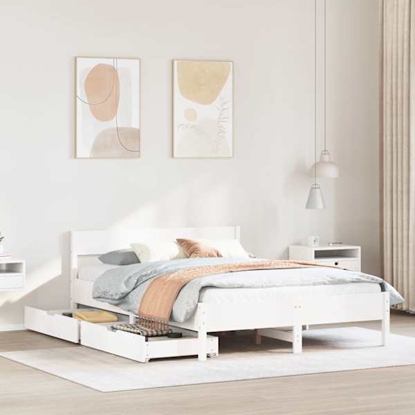 Sahtlitega voodiraam, valge, 120 × 200 cm, männipuit — mudel 3301753