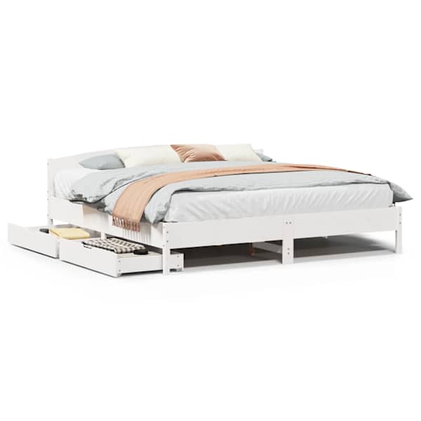 Sahtlitega voodiraam, valge, 200 × 200 cm, männipuit — mudel 3301816