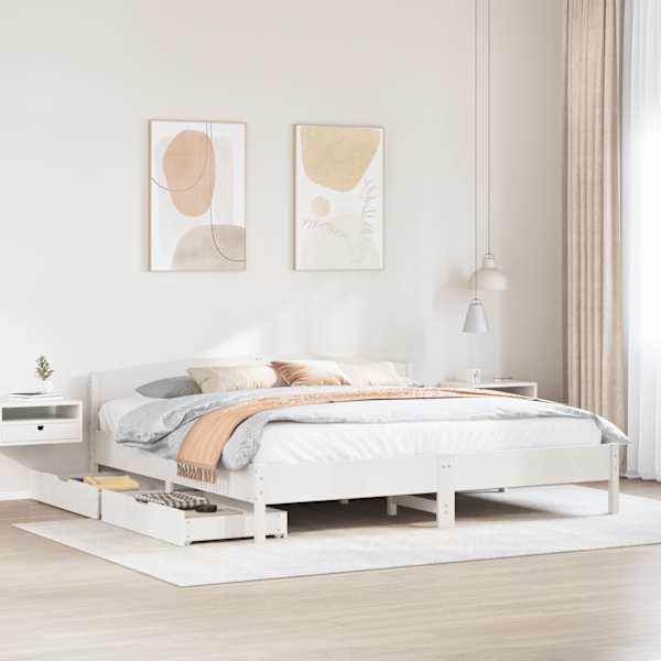 Sahtlitega voodiraam, valge, 200 × 200 cm, männipuit — mudel 3301816
