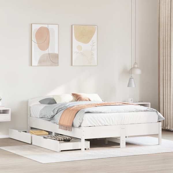 Sahtlitega voodiraam, valge, 150 × 200 cm, männipuit — mudel 3301825