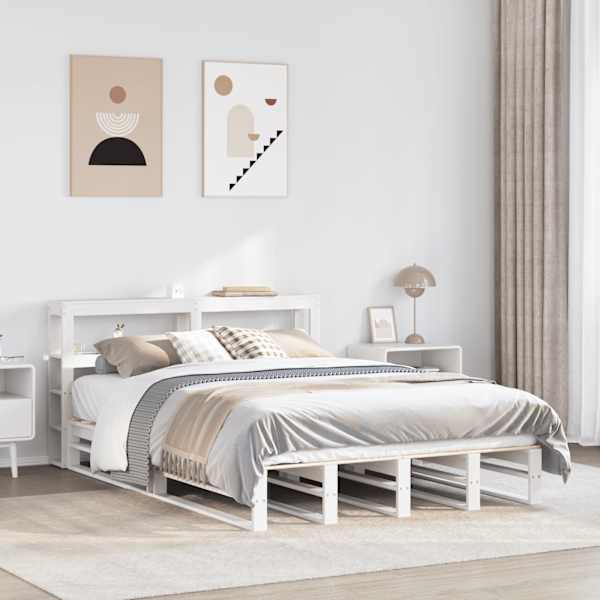 Voodiraam peatsiga, valge, 150 × 200 cm, männipuit — mudel 3306499