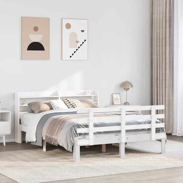 Voodiraam peatsiga, valge, 135 × 190 cm, männipuit — mudel 3306844