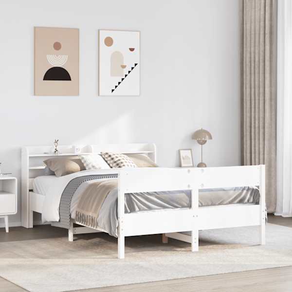Voodiraam peatsiga, valge, 140 × 190 cm, männipuit — mudel 3306940