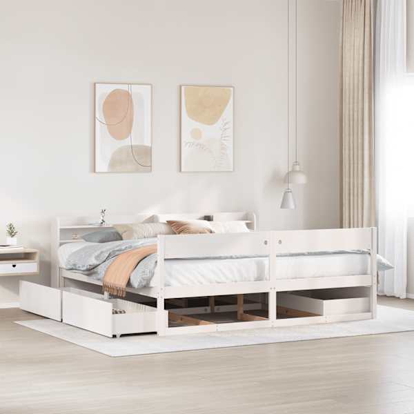 Sahtlitega voodiraam peatsiga, valge, 180 × 200 cm, männipuit — mudel 3307114