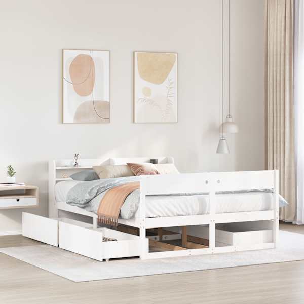Sahtlitega voodiraam peatsiga, valge, 160 × 200 cm, männipuit — mudel 3307117