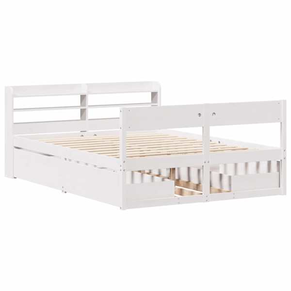 Sahtlitega voodiraam peatsiga, valge, 140 × 200 cm, männipuit — mudel 3307123