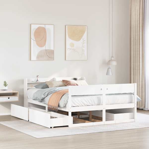 Sahtlitega voodiraam peatsiga, valge, 140 × 200 cm, männipuit — mudel 3307123