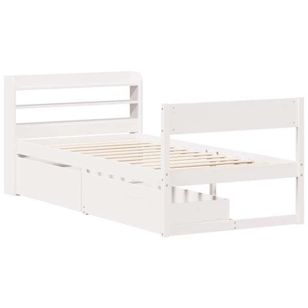 Sahtlitega voodiraam peatsiga, valge, 75 × 190 cm, männipuit — mudel 3307147