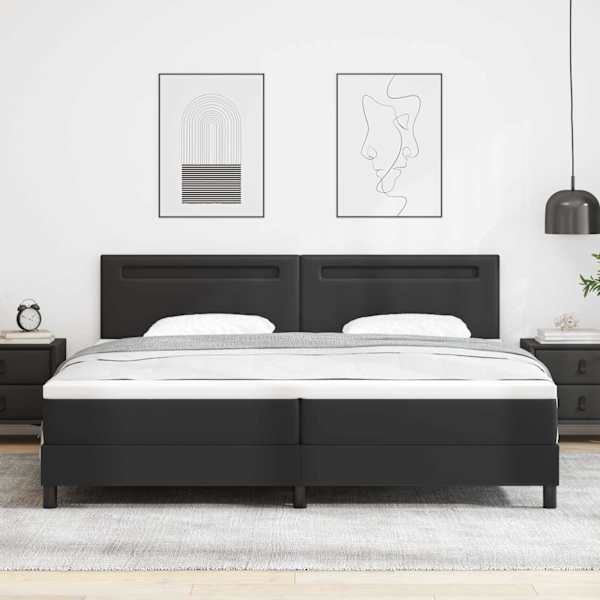 LED-valgustusega kontinentaalvoodi koos 2 madratsiga, must, 200 × 200 cm, kunstnahk — mudel 3339064