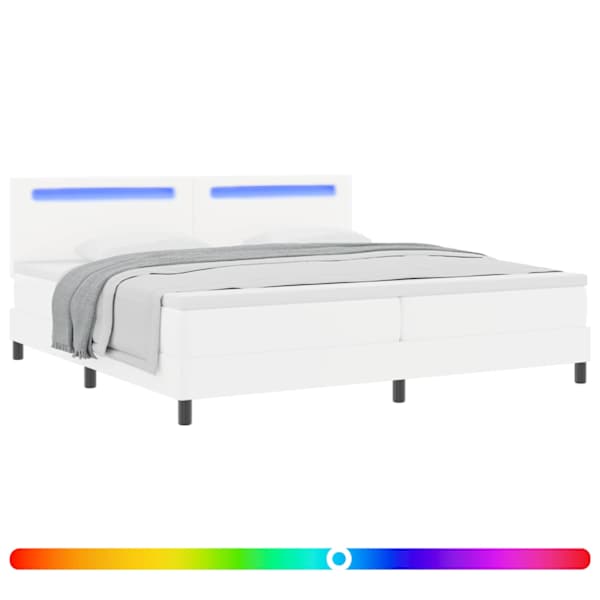 LED-valgustusega kontinentaalvoodi koos 2 madratsiga, valge, 200 × 200 cm, kunstnahk — mudel 3339065