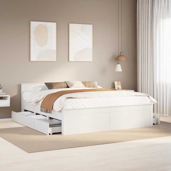 Sahtlitega voodiraam peatsiga, valge, 180 × 200 cm, männipuit — mudel 3308757
