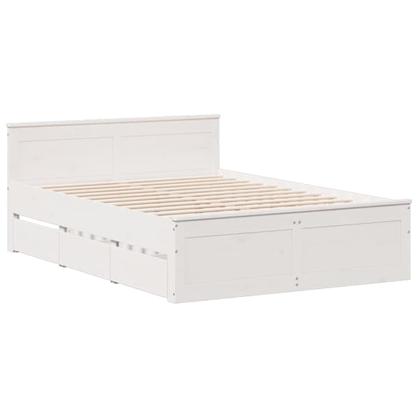 Sahtlitega voodiraam peatsiga, valge, 150 × 200 cm, männipuit — mudel 3308763