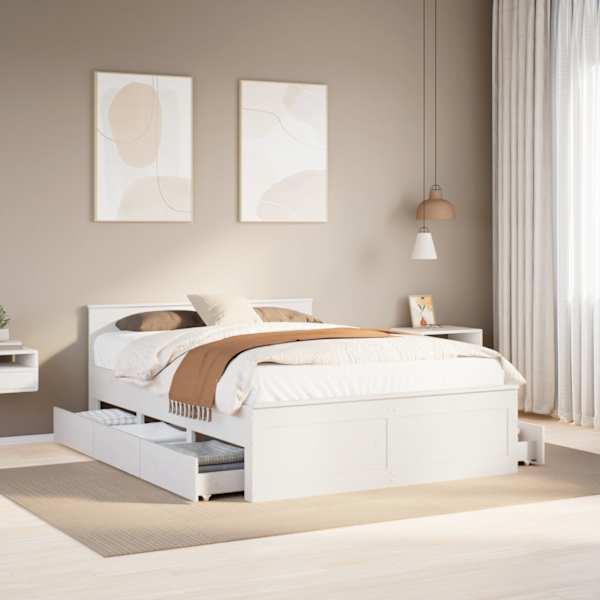 Sahtlitega voodiraam peatsiga, valge, 150 × 200 cm, männipuit — mudel 3308763