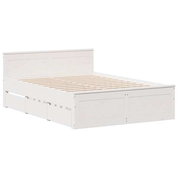 Sahtlitega voodiraam peatsiga, valge, 140 × 200 cm, männipuit — mudel 3308766