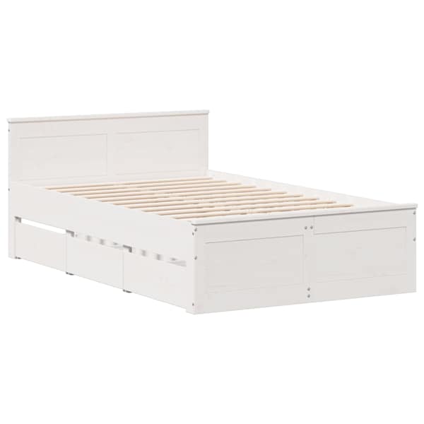 Sahtlitega voodiraam peatsiga, valge, 120 × 200 cm, männipuit — mudel 3308769