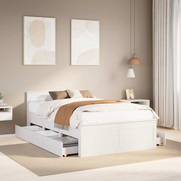 Sahtlitega voodiraam peatsiga, valge, 120 × 200 cm, männipuit — mudel 3308769