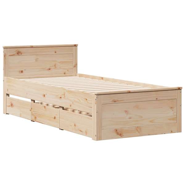 Sahtlitega voodiraam peatsiga, 90 × 200 cm, männipuit — mudel 3308774