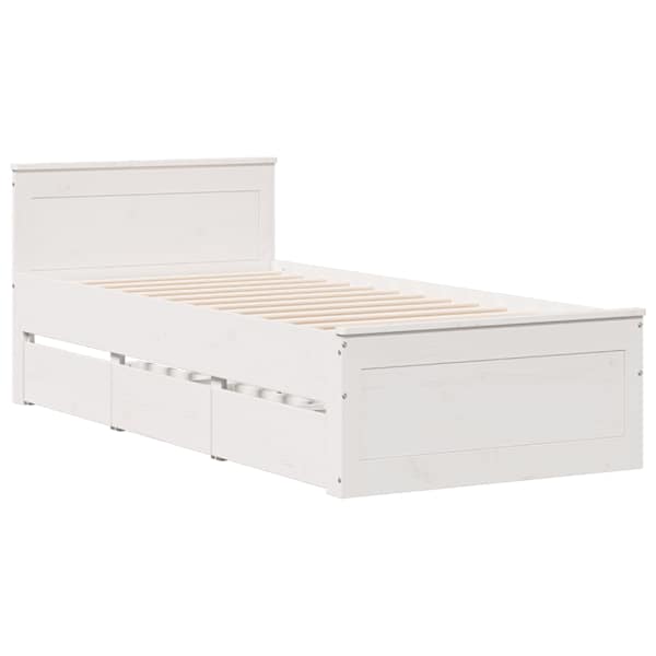 Sahtlitega voodiraam peatsiga, valge, 90 × 200 cm, männipuit — mudel 3308775