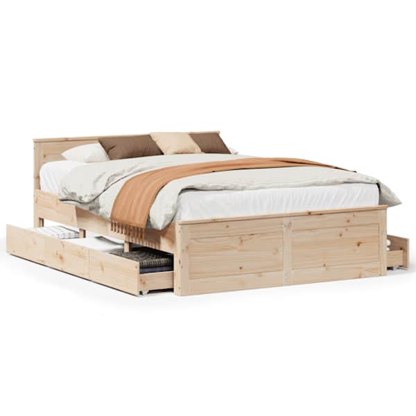 Sahtlitega voodiraam peatsiga, 140 × 190 cm, männipuit — mudel 3308777