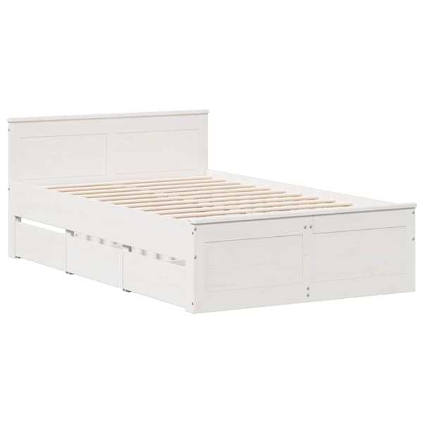 Sahtlitega voodiraam peatsiga, valge, 135 × 190 cm, männipuit — mudel 3308781