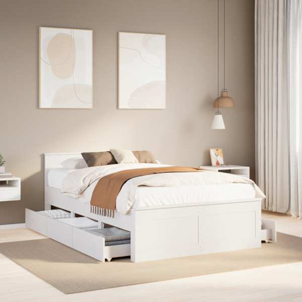 Sahtlitega voodiraam peatsiga, valge, 135 × 190 cm, männipuit — mudel 3308781