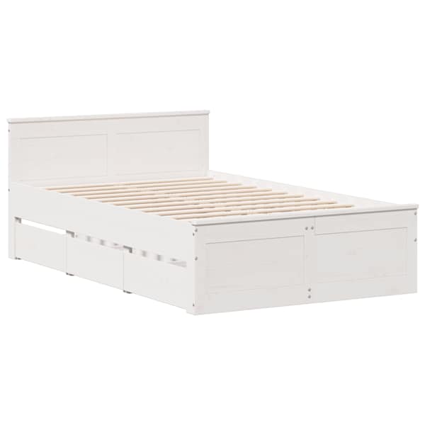 Sahtlitega voodiraam peatsiga, valge, 120 × 190 cm, männipuit — mudel 3308784