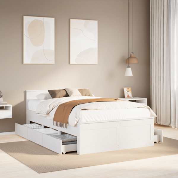 Sahtlitega voodiraam peatsiga, valge, 120 × 190 cm, männipuit — mudel 3308784