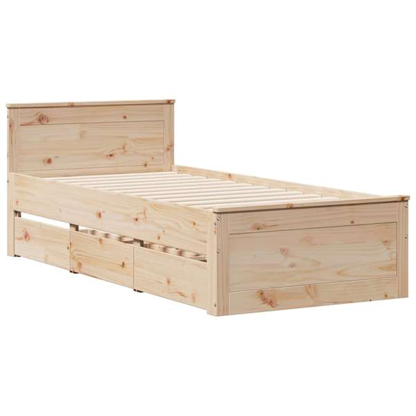Sahtlitega voodiraam peatsiga, 90 × 190 cm, männipuit — mudel 3308786