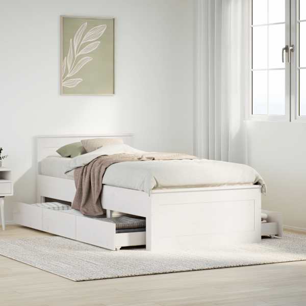 Sahtlitega voodiraam peatsiga, valge, 90 × 190 cm, männipuit — mudel 3308787