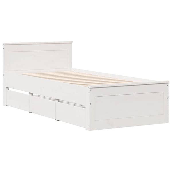 Sahtlitega voodiraam peatsiga, valge, 75 × 190 cm, männipuit — mudel 3308790