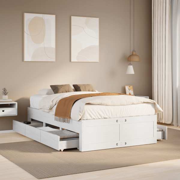 Sahtlitega voodiraam, valge, 135 × 190 cm, männipuit — mudel 3308820
