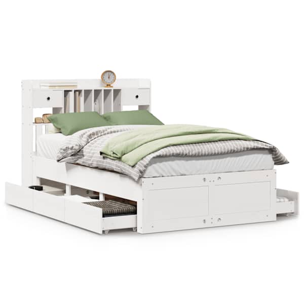 Sahtlitega voodiraam riiuliga peatsiga, valge, 135 × 190 cm, männipuit — mudel 3308976