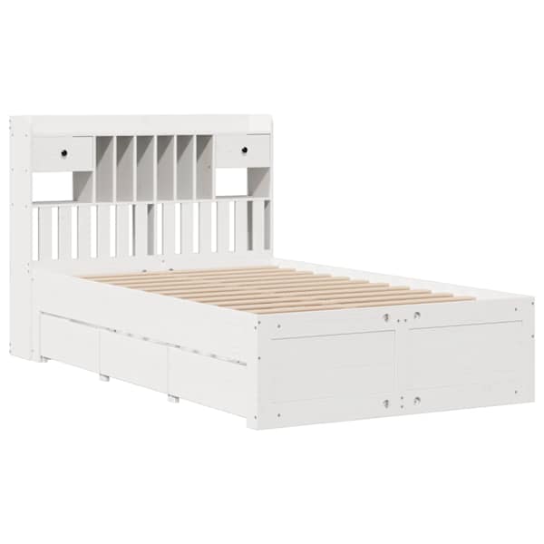 Sahtlitega voodiraam riiuliga peatsiga, valge, 135 × 190 cm, männipuit — mudel 3308976