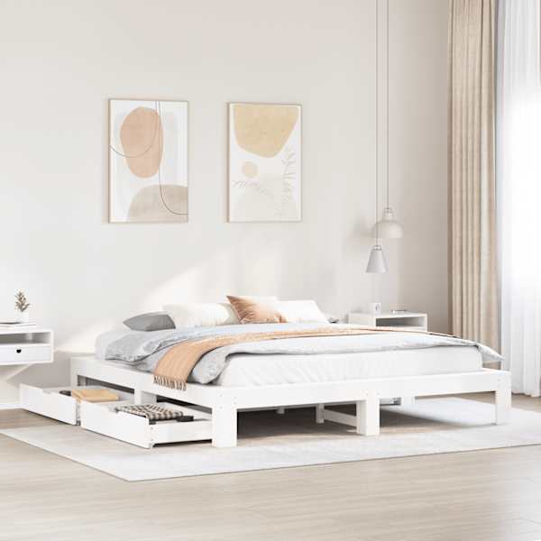 Sahtlitega voodiraam, valge, 200 × 200 cm, männipuit — mudel 3308988